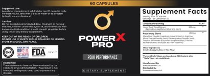 PowerX Pro official supplement facts label — 800mg Horny Goat Weed, Tongkat Ali, Maca Root, L-Arginine, GMP certified, made in USA, JetPack Fulfillment