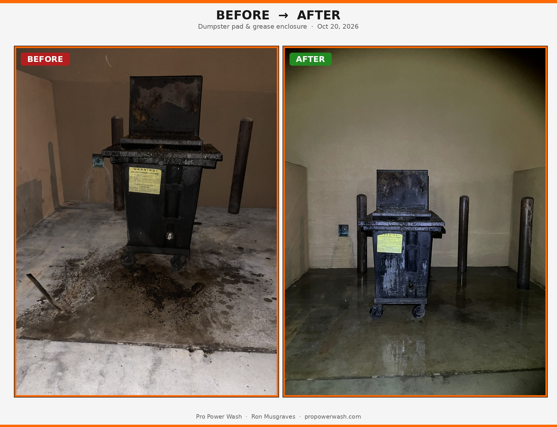 Before and after pressure washing of a Mesa, Arizona eating place dumpster pad and grease enclosure